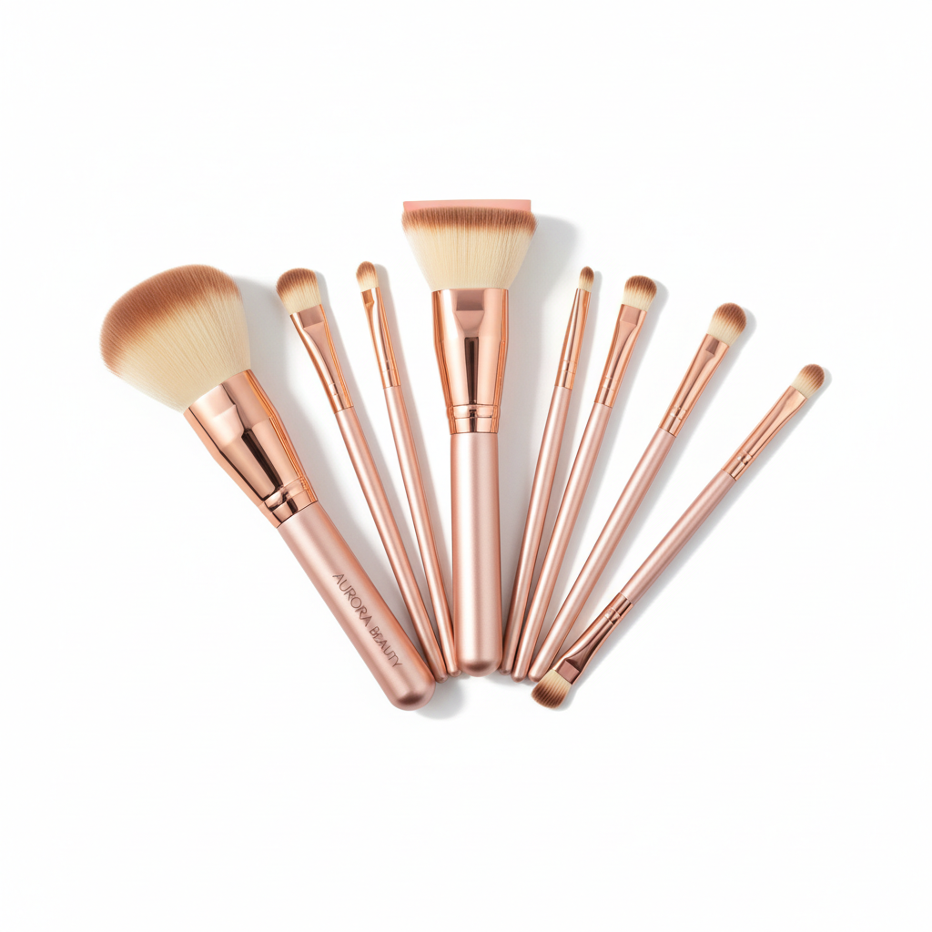 Professional rose gold makeup brush set arranged in a fan shape