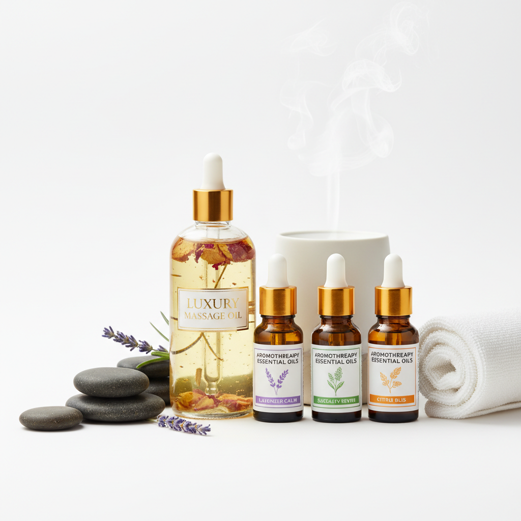 Luxury aromatherapy massage oil set in amber glass bottles