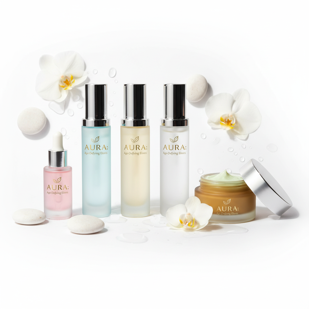 Luxury facial skincare serums and moisturizers in elegant glass bottles
