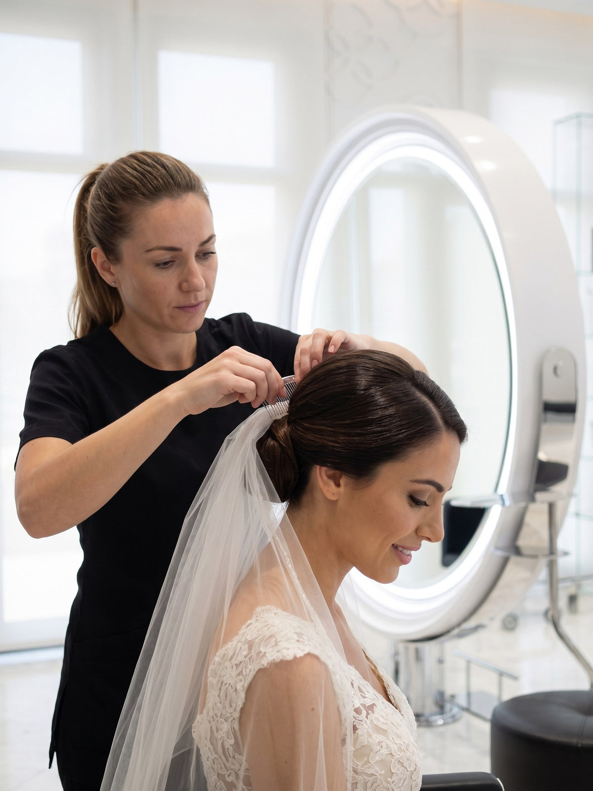 Bride with veil and crystal headband at Kingdom of Beauty, Abu Dhabi