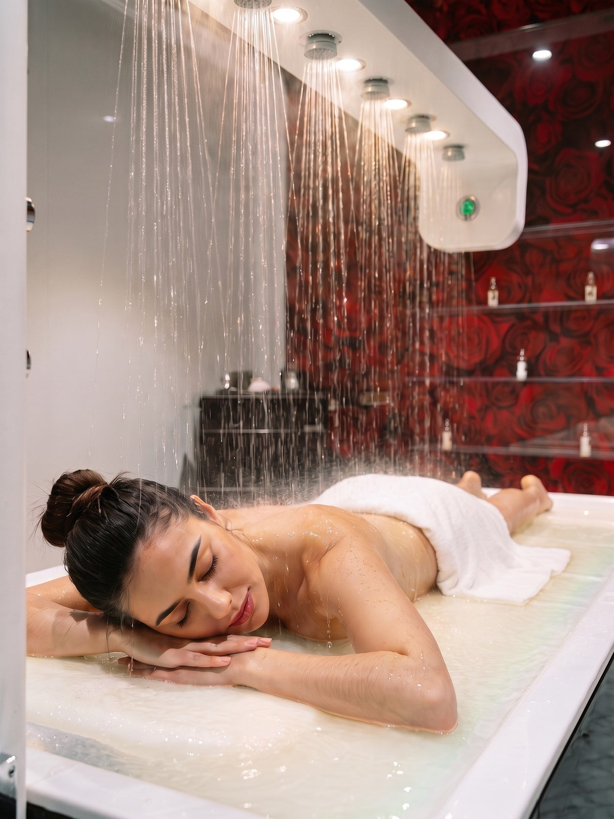 Vichy shower treatment in the rose Vichy room at Kingdom of Beauty, Abu Dhabi