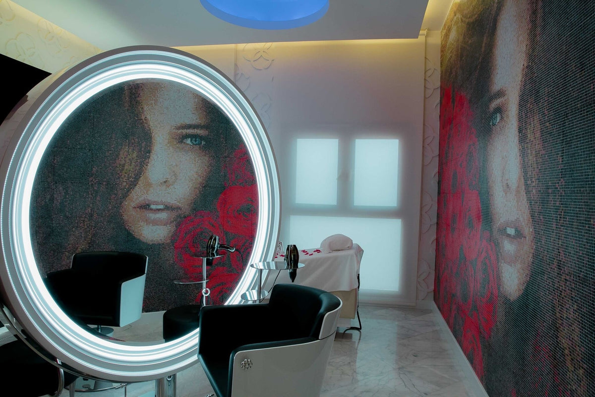 Hair studio with the mosaic mural at Kingdom of Beauty, Abu Dhabi