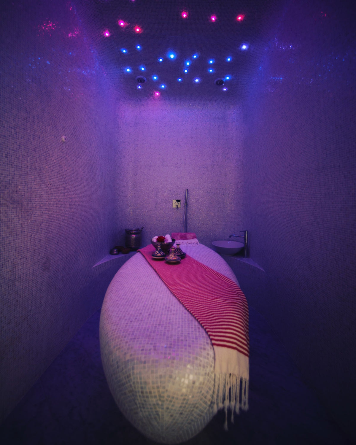The hammam room lit for a ritual at Kingdom of Beauty, Abu Dhabi