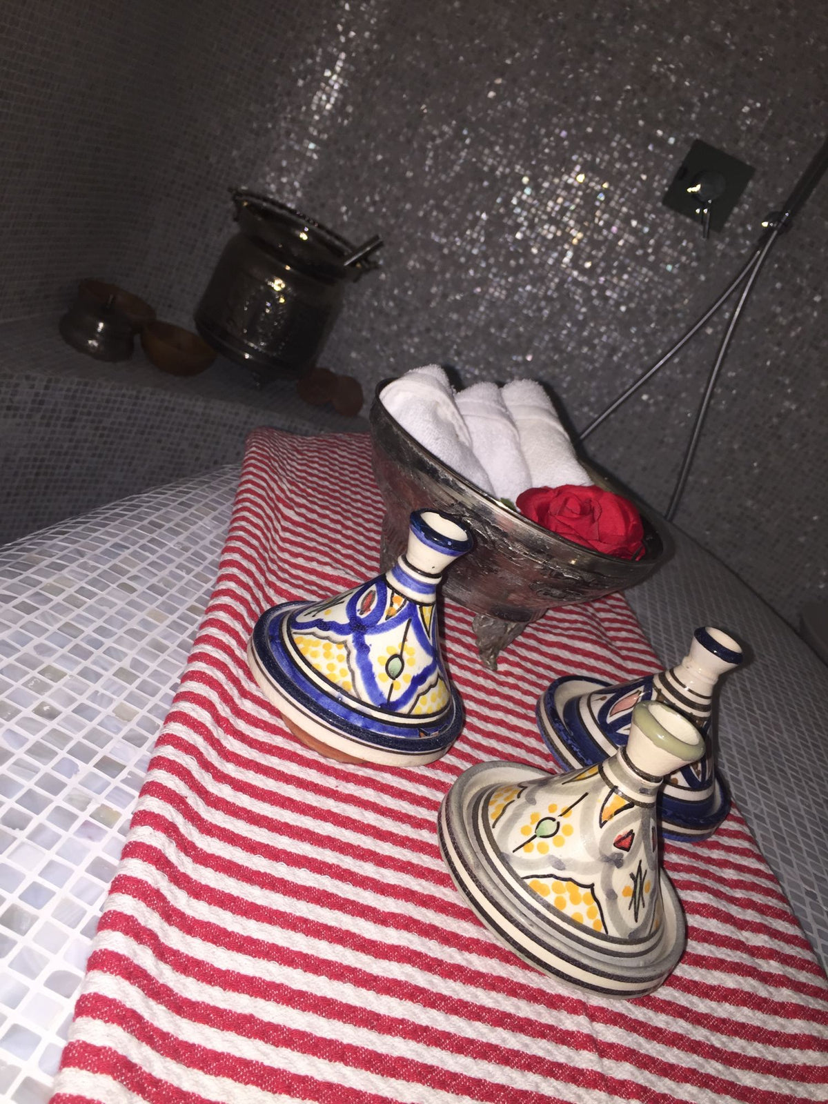 Hammam ritual tray with rose and Moroccan oils at Kingdom of Beauty, Abu Dhabi