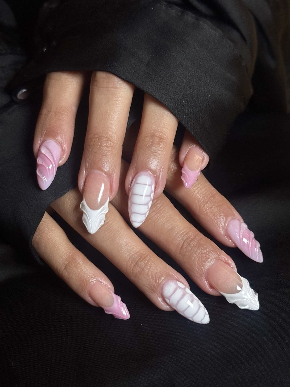 3D pink and white nail art by Kingdom of Beauty, Abu Dhabi