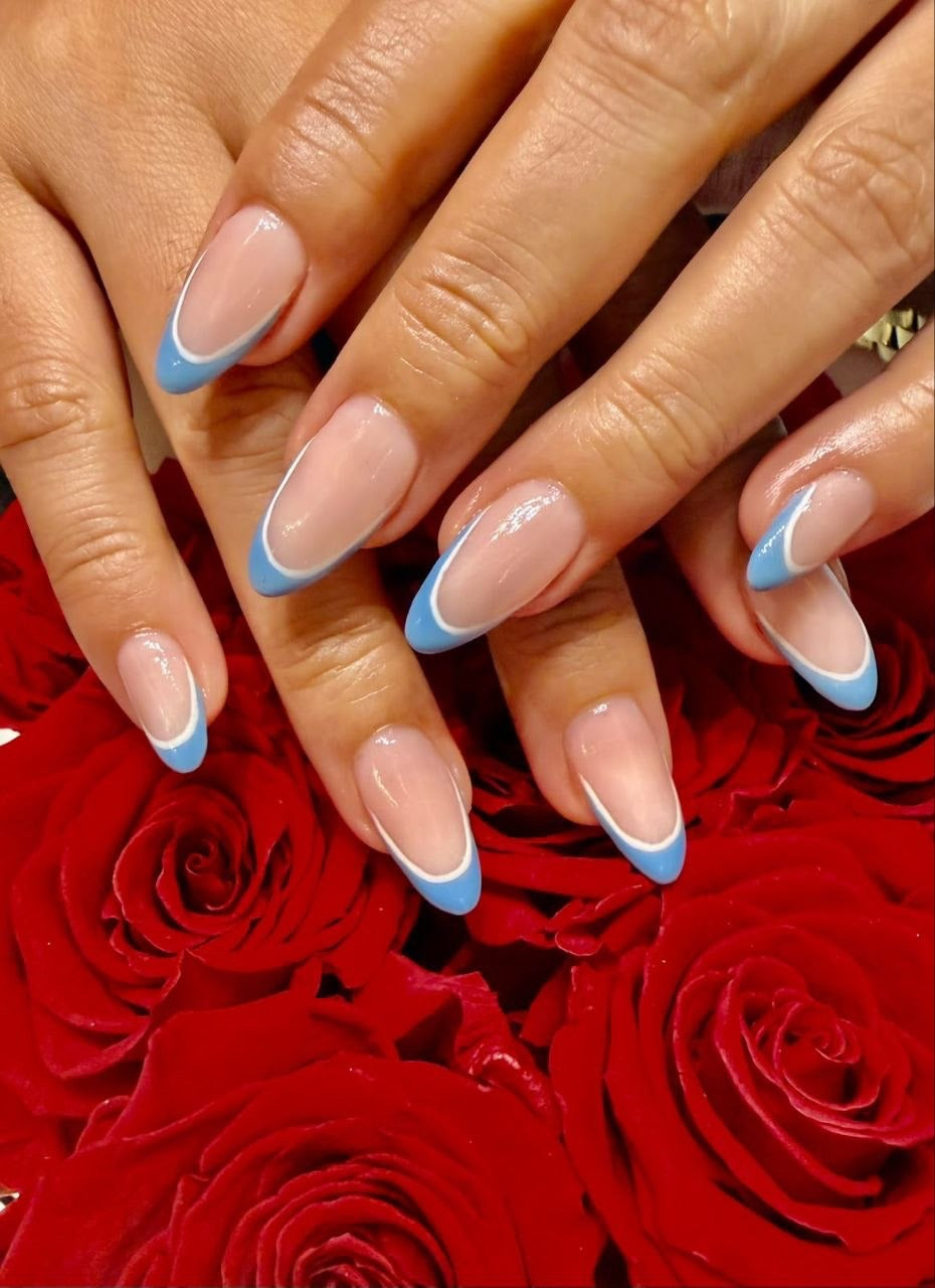Blue French tips with white outline at Kingdom of Beauty, Abu Dhabi
