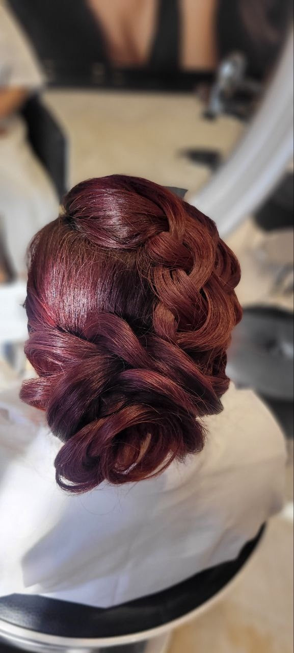 Burgundy occasion updo by Kingdom of Beauty, Abu Dhabi